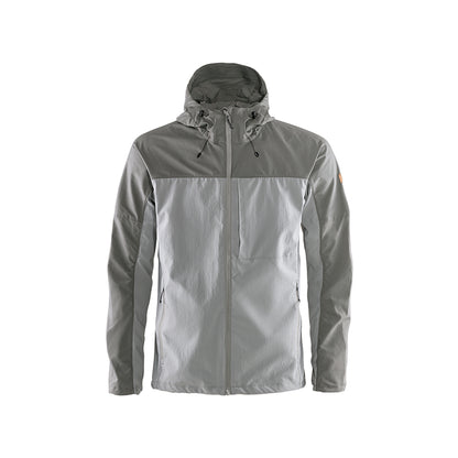 A gray Abisko Midsummer Jacket with a hood, designed for men, displayed against a white background.